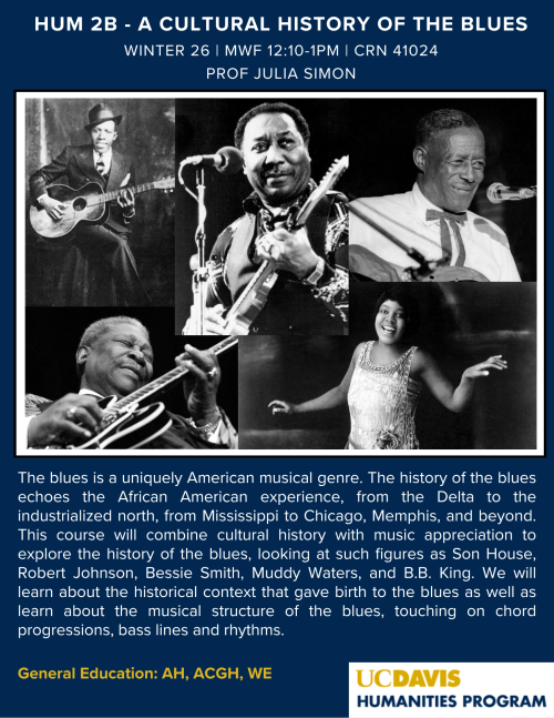 A flyer for HUM 002B, with photos of various blues musicians
