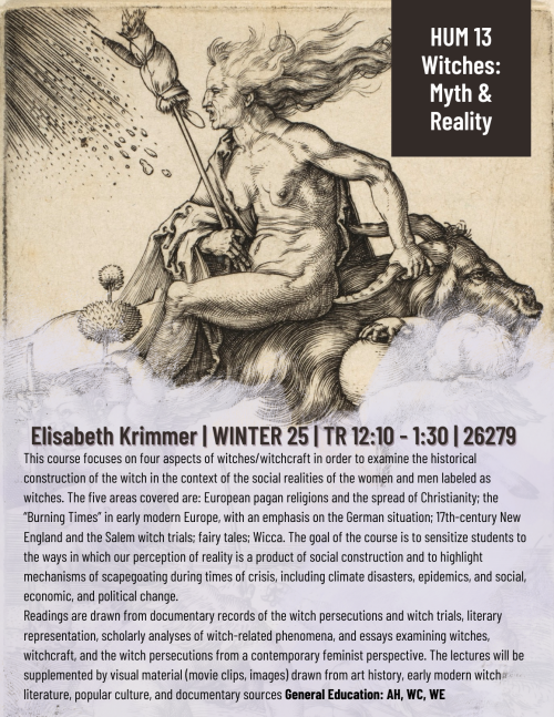 A flyer for HUM 13 featuring an old witch. The course description is written above