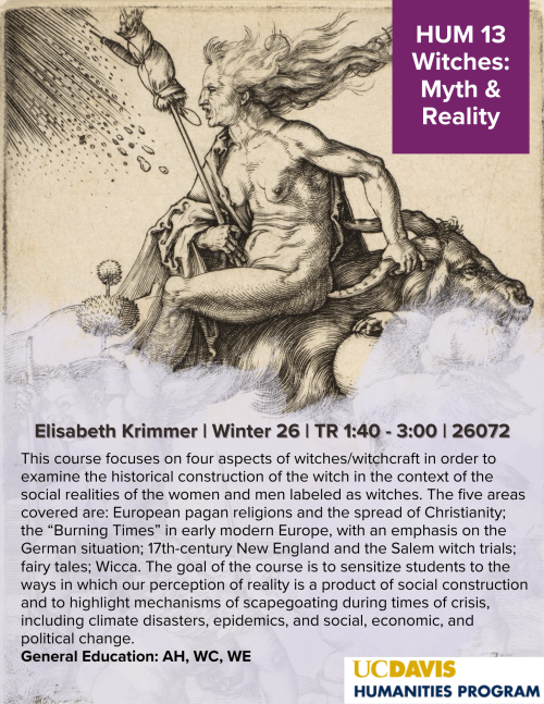 A flyer for HUM 013, with an old sketch drawing of a witch riding a large beast.