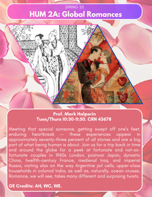 A flyer for HUM 2A, featuring rose petals and images of romantic couples