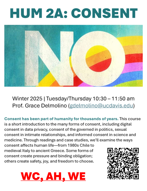 A flyer for HUM 2A, with an image of a large NO against a colorful backdrop. The course description is written out.